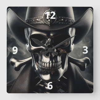 Metallic Skull Cowboy Wall Clock Quadratische Wanduhr