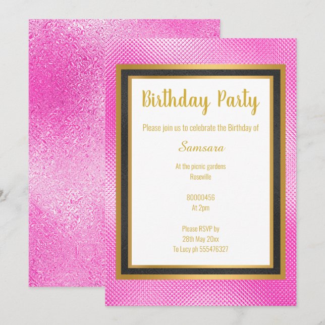 METALLIKPINK SCHWARZ & GOLD EMBOSSED GEBURTSTAG EINLADUNG (Vorne/Hinten)