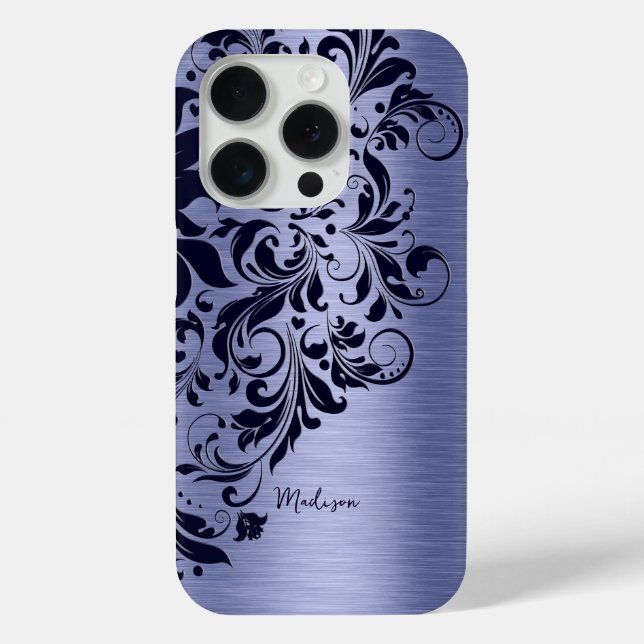 Metallisch blaues und dunkelblaues Spitzenmonogram Case-Mate iPhone Hülle (Rückseite)
