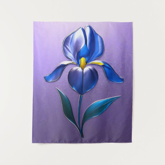 Metallisch Glänzende Blaue Irisblüte mit Text Wandteppich (Vorderseite)