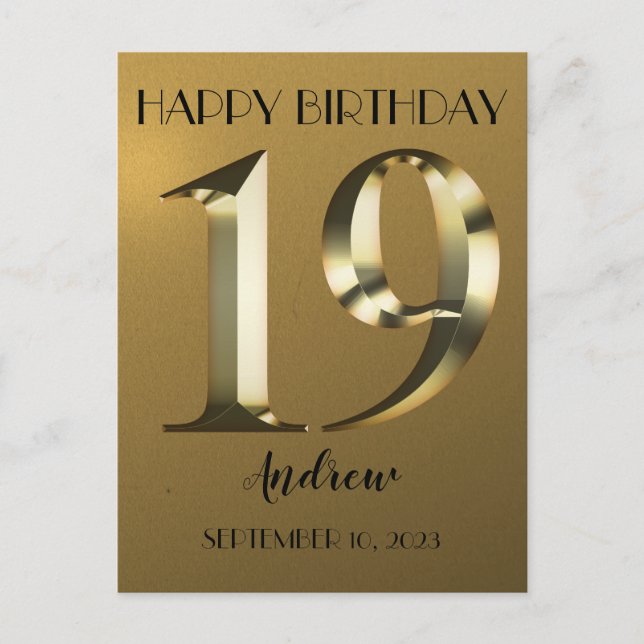 Metallisch goldener 19. Geburtstag Postkarte (Vorderseite)