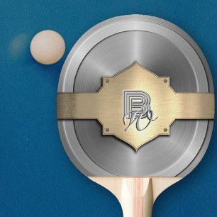 Metallisch goldener Stahl Trompe l’œil Monogramm Tischtennis Schläger
