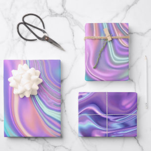 Metallisch Irisierend Regenbogen Rosa Aqua Lila Geschenkpapier Set