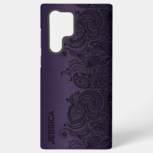 Metallisch Lila mit Black Paisley Lace Samsung Galaxy Hülle (Rückseite)