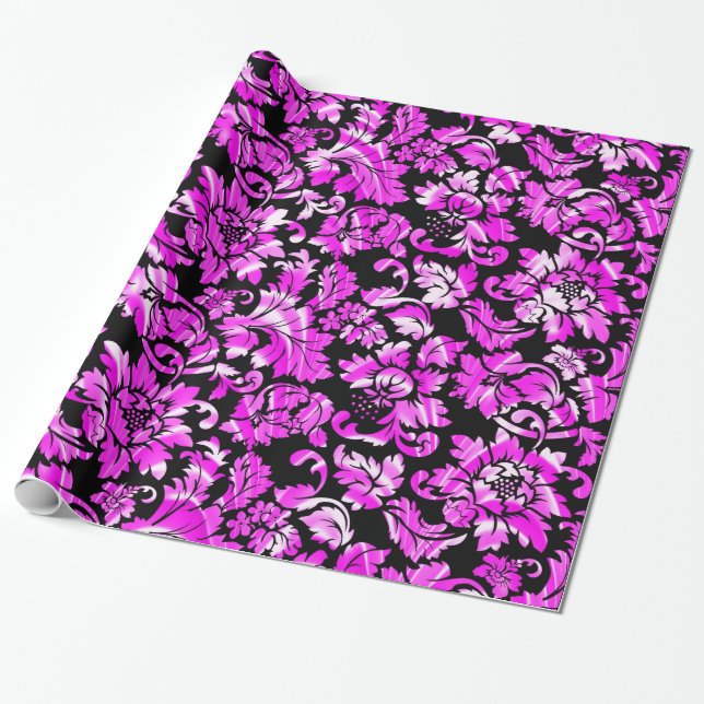 Metallisch Pink Floral Damask Geschenkpapier (Ungerollt)
