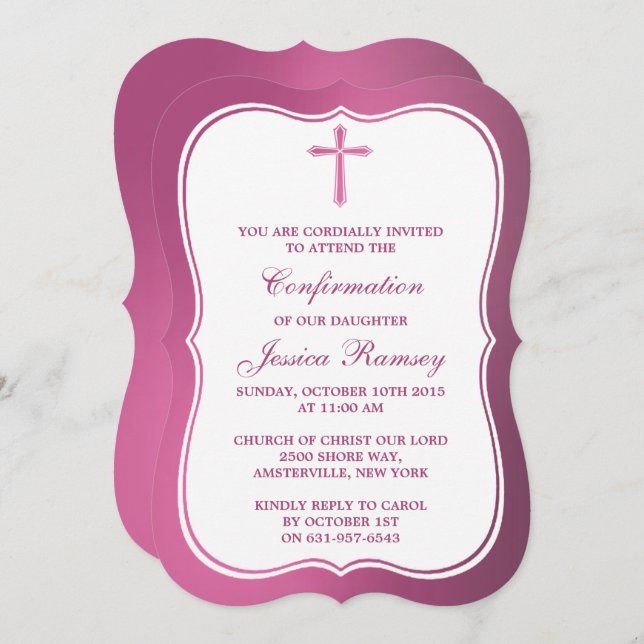 Metallisch rosa Kreuz Heilige Kommunion oder Bestä Einladung (Vorne/Hinten)