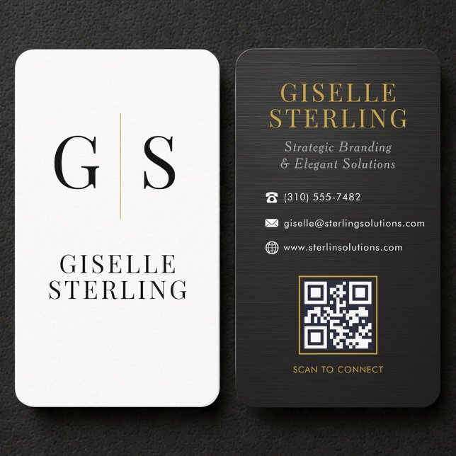Metallisch schwarzes weißes Gold-Monogramm-QR-Code Visitenkarte (Von Creator hochgeladen)