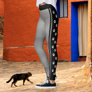 Metallisch Silber Grau Schwarz und Weiß Pfotenabdr Leggings