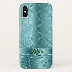 Metallisch-Türkisblau-BlumenDamasken Monogramm Case-Mate iPhone Hülle