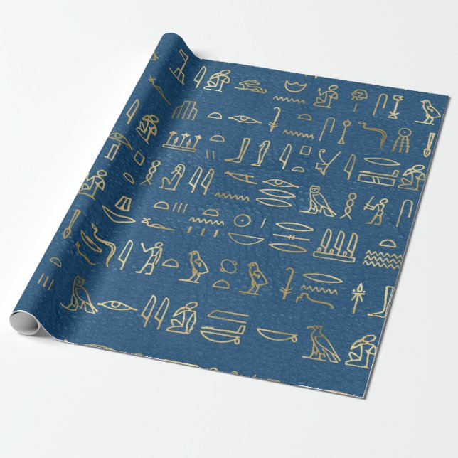 Metallische ägyptische Hieroglyphen auf blau Geschenkpapier (Ungerollt)