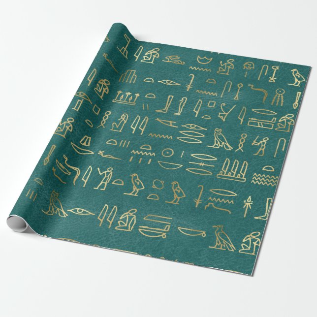 Metallische ägyptische Hieroglyphen auf Grün Geschenkpapier (Ungerollt)