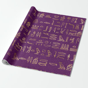 Metallische ägyptische Hieroglyphen auf Lila Geschenkpapier