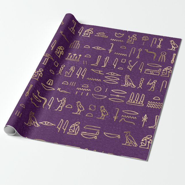 Metallische ägyptische Hieroglyphen auf Lila Geschenkpapier (Ungerollt)