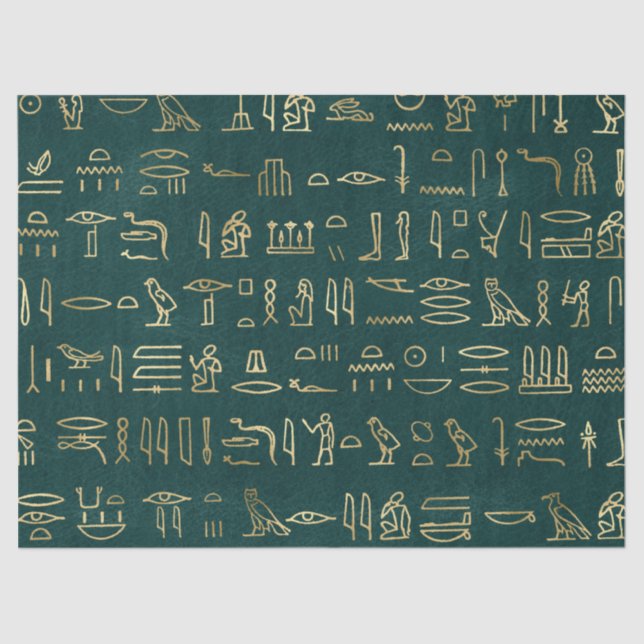 Metallische ägyptische Hieroglyphen auf Waldgrün Seidenpapier (Vorderseite)