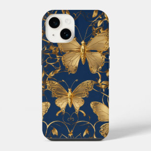 Metallische blaue Schmetterlinge mit goldenen Rank iPhone 14 Hülle