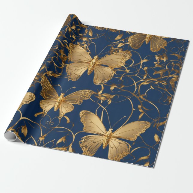 Metallische blaue Schmetterlinge mit Goldweinen Geschenkpapier (Ungerollt)