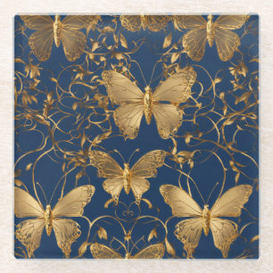 Metallische blaue Schmetterlinge mit Goldweinen Glasuntersetzer
