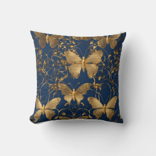 Metallische blaue Schmetterlinge mit Goldweinen Kissen