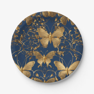 Metallische blaue Schmetterlinge mit Goldweinen Pappteller