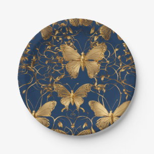 Metallische blaue Schmetterlinge mit Goldweinen Pappteller