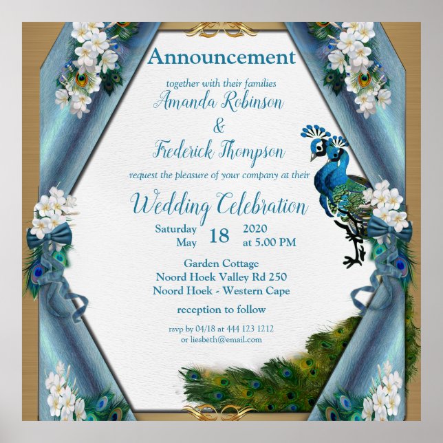 Metallische blaugrüne Seide- Gold Peacocks Feather Poster (Vorne)