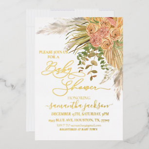 Metallische Boho Pampas Gras Blumen Baby Shower Folieneinladung