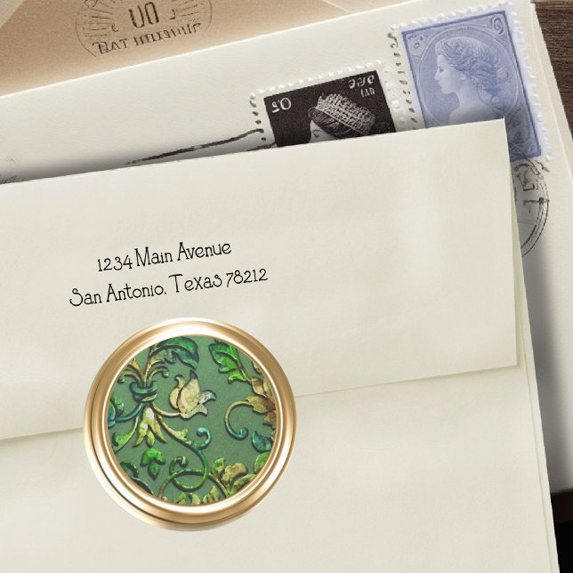 Metallische Embossed Look Damask in Grün und Gold Runder Aufkleber (Von Creator hochgeladen)