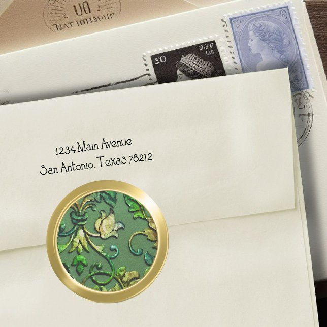 Metallische Embossed Look Damask in Grün und Gold Runder Aufkleber (Von Creator hochgeladen)