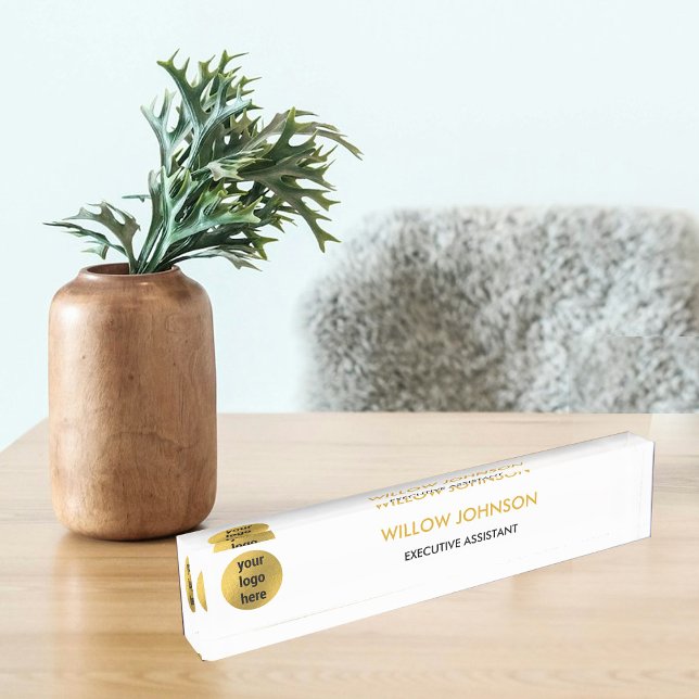 Metallische Führungskraft von Gold- und White-Busi Namensplakette (Metallic Gold & White Business Logo Executive Desk Name Plate)