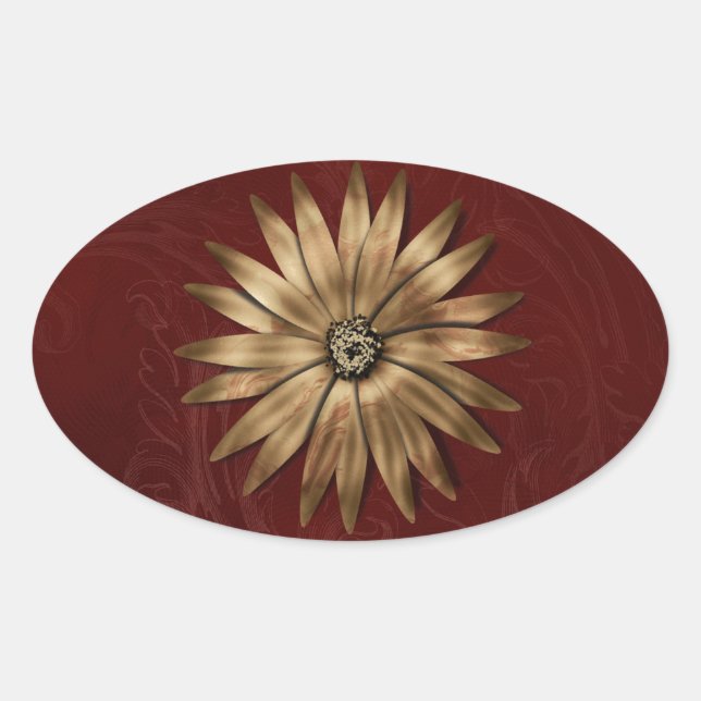 Metallische Gold-Blume auf rotem Stoff Ovaler Aufkleber (Vorderseite)