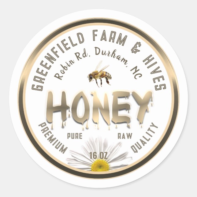 Metallische Gold Honey Label Bee Daisy Blume Runder Aufkleber (Vorderseite)
