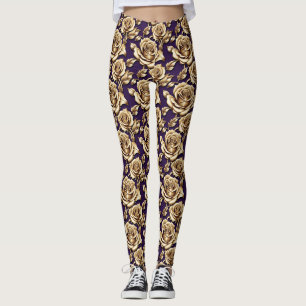 Metallische Goldrosen auf einem matten, tiefen Vio Leggings