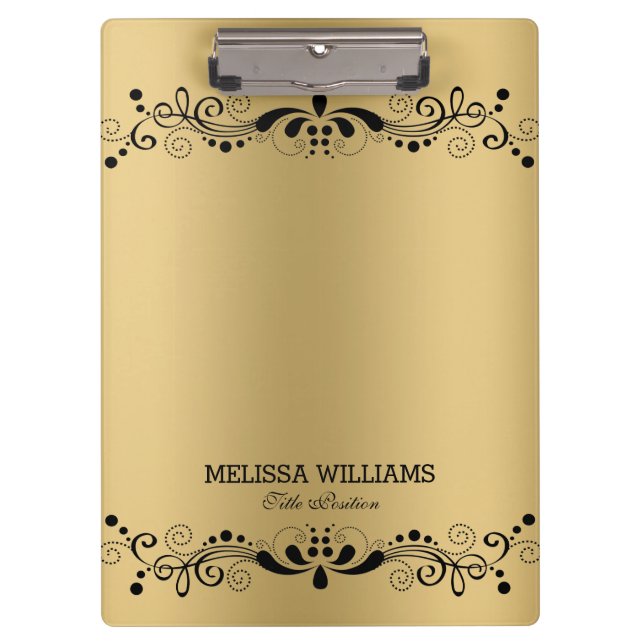 Metallische Goldtextur und Vintage schwarze Blüten Klemmbrett (Vorderseite)