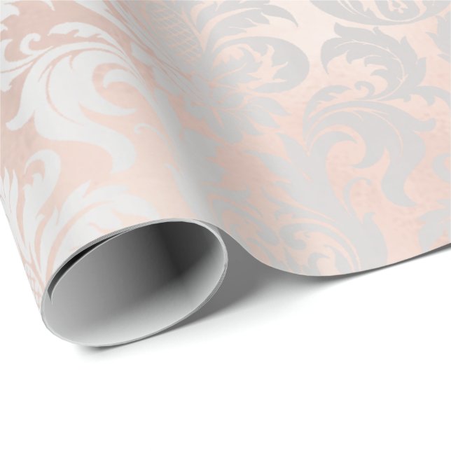 Metallische Haut Rose Gold Blush Grau SilberDamask Geschenkpapier (Rolleneckpunkt)