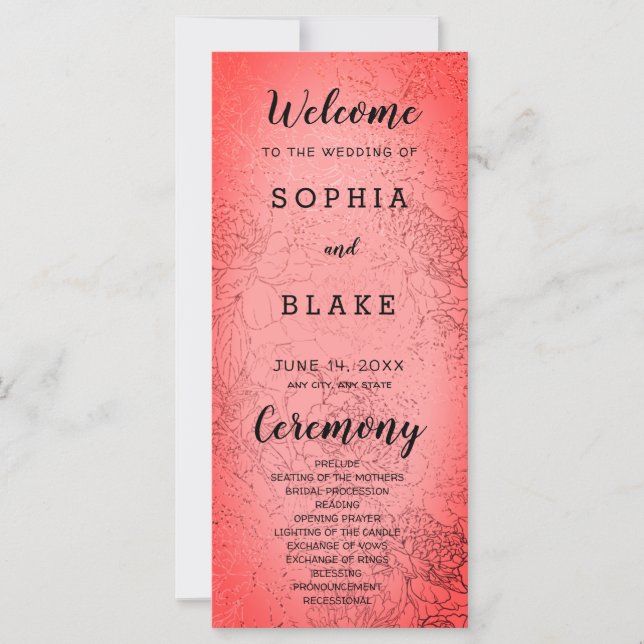 Metallische Hochzeitsprogramme für Rot und Blumen (Vorderseite)