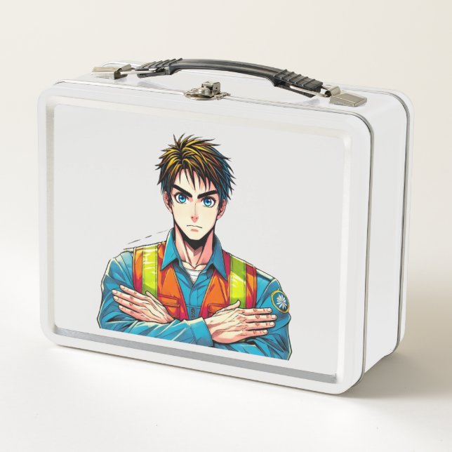 Metallische Lunchbox mit Manga-Sicherheitsfachmann (Vorderseite)