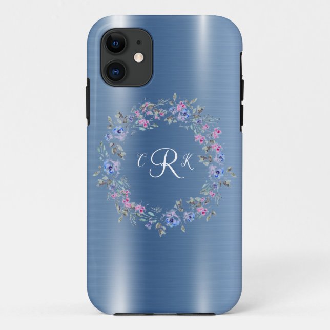 Metallische Monogram Blue Floral Girly Case-Mate iPhone Hülle (Rückseite)