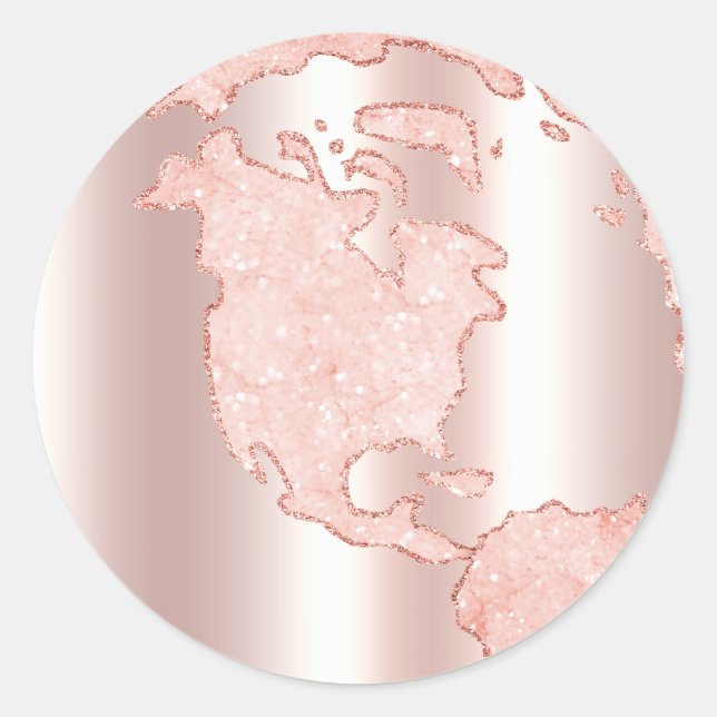 Metallische Rose Gold Glitzer + Blush Pink Globe Runder Aufkleber (Vorderseite)
