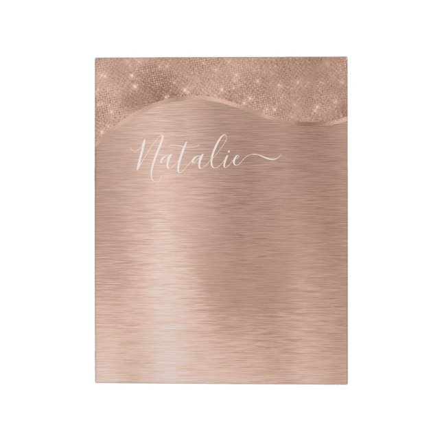 Metallische Rose Gold Glitzer Personalisiert Notizblock (Rotiert)