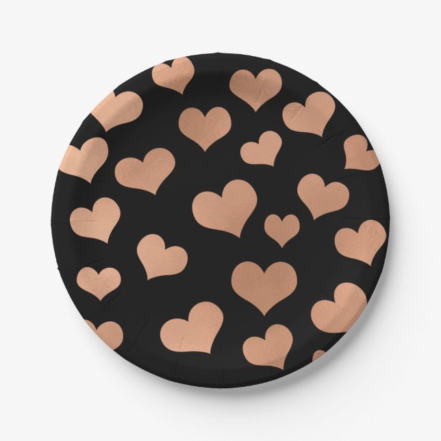 Metallische Rose Gold Hearts Confetti Schwarzkupfe Pappteller (Vorderseite)
