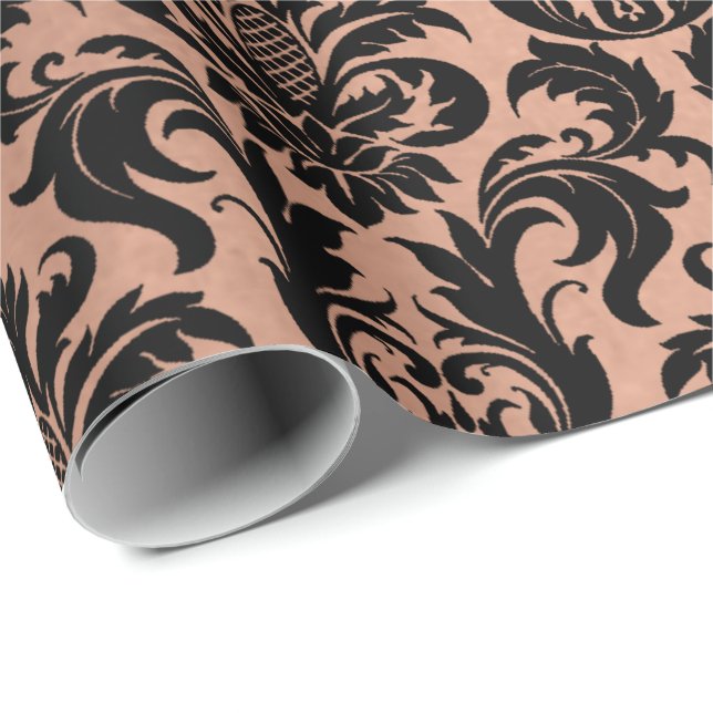 Metallische Rose Gold Kupfer Grau Schwarzer Damast Geschenkpapier (Rolleneckpunkt)