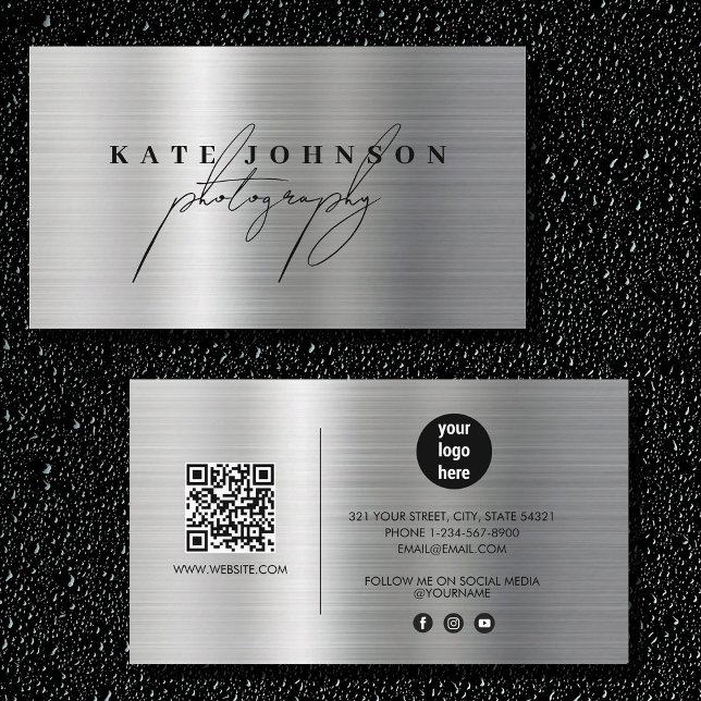 Metallische Signatur Script QR Code Social Media Visitenkarte (Metallic Signature Script QR Code Social Media Business Card)
