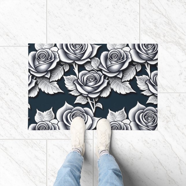 Metallische Silberrosen mit Teal-Blättern Fußmatte (Indoor)