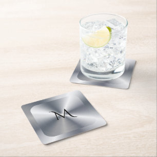 Metallische Silbertextur personalisiertes Monogram Rechteckiger Pappuntersetzer