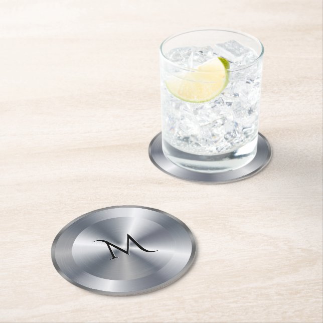 Metallische Silbertextur personalisiertes Monogram Runder Pappuntersetzer (Vor Ort)