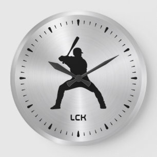 Metallische Silver Black Baseball Player Silhouett Große Wanduhr