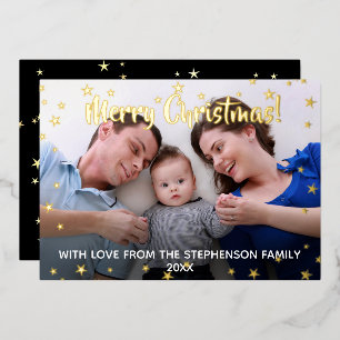 Metallische Sterne Frohe Weihnachtsfamilie 3 Foto Folien Feiertagskarte