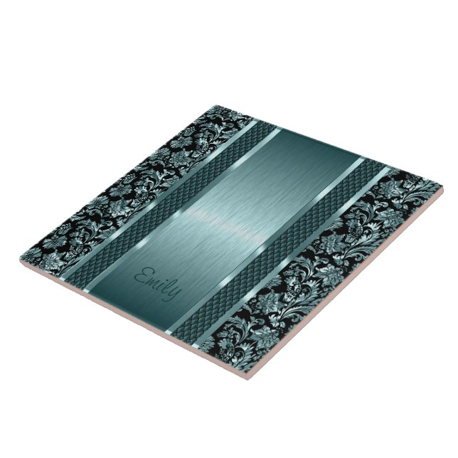 Metallische Vintage, hellgrüne Damasken Fliese (Seite)