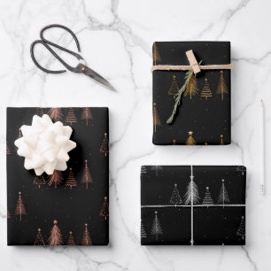 Metallische Weihnachtsbaume Black Geschenkpapier Set