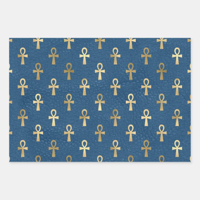 Metallischer ägyptischer Ankh auf Blau Geschenkpapier Set (Vorderseite)